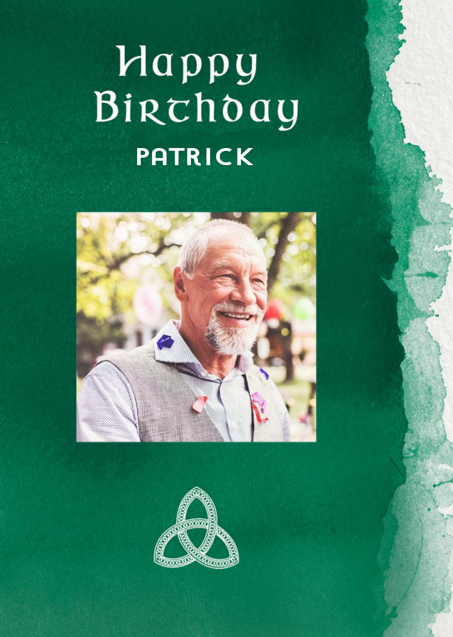 Moonpig Pigment Green Watercolour Photo Upload Celtic Happy Birthday Birthday Card