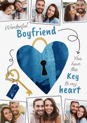 Adoring Wonderful Boyfriend Key To My Heart Watercolour Photo Upload Valentine's Day Card