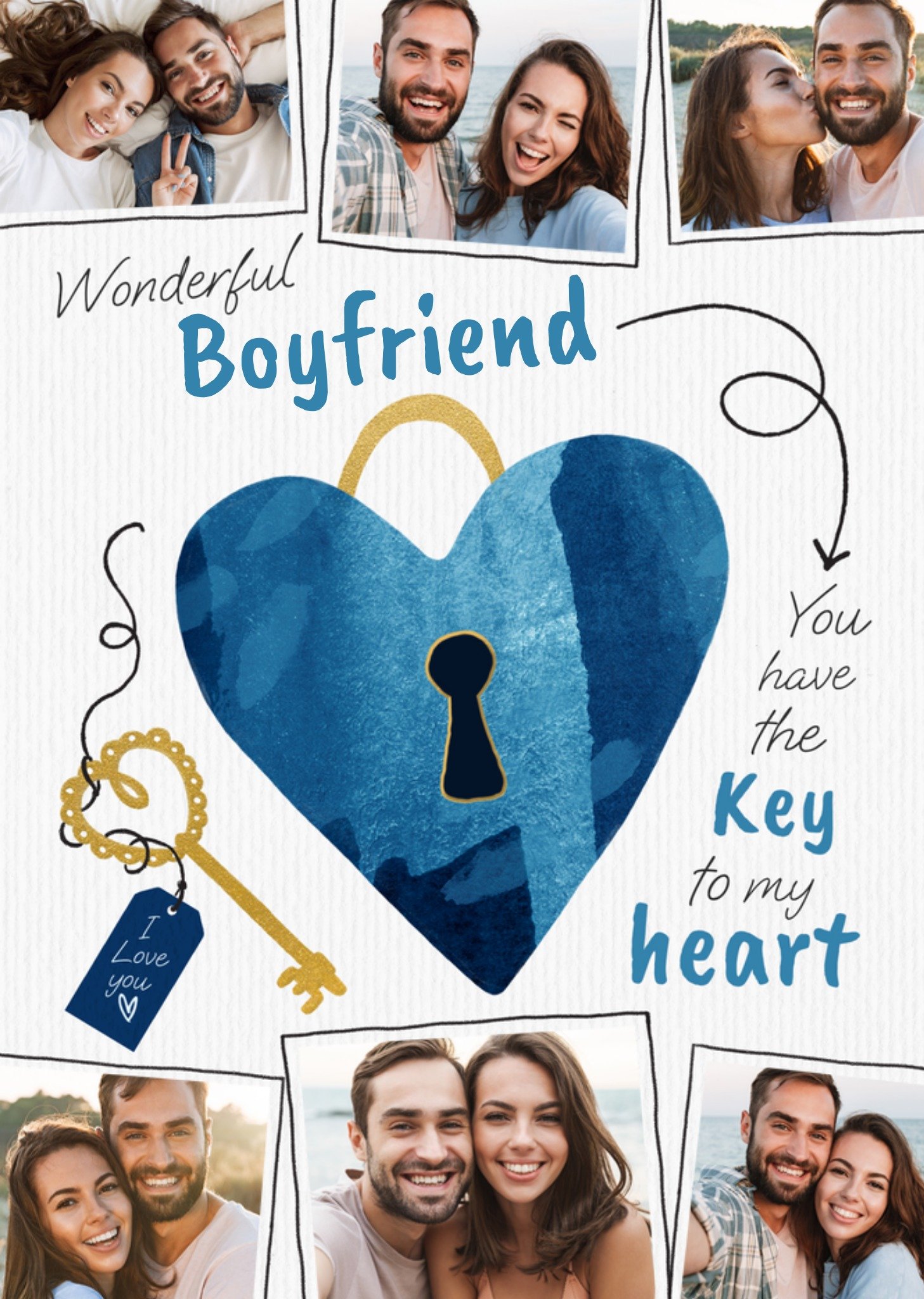 Moonpig Adoring Wonderful Boyfriend Key To My Heart Watercolour Photo Upload Valentine's Day Card, L