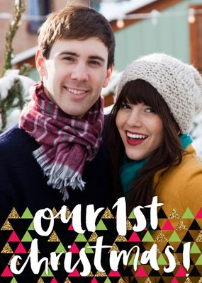 Geometric Shapes Bottom Border Personalised Photo Upload Christmas Card For Couples