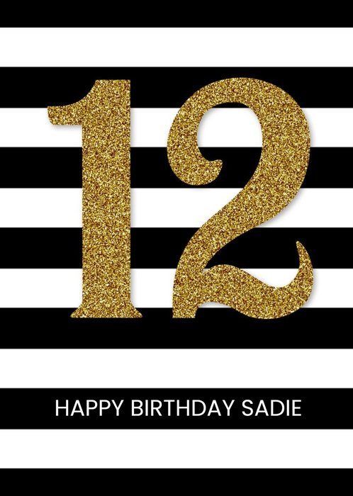 Black And White Stripes Personalised Happy 12th Birthday Card