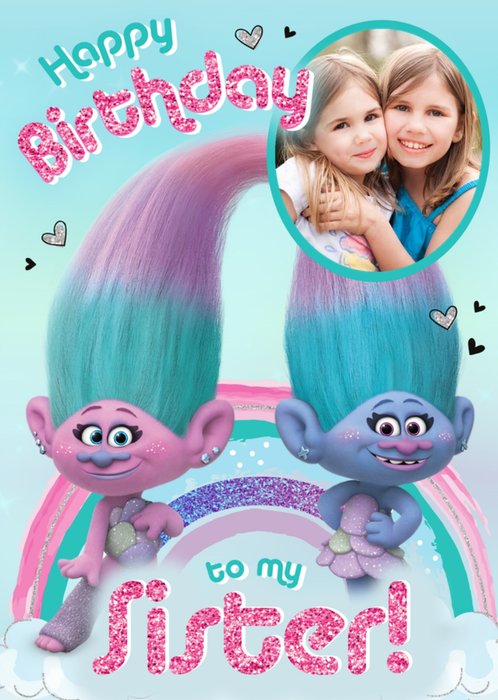 Birthday card - sister - Trolls - Satin and Chenille - photo upload card