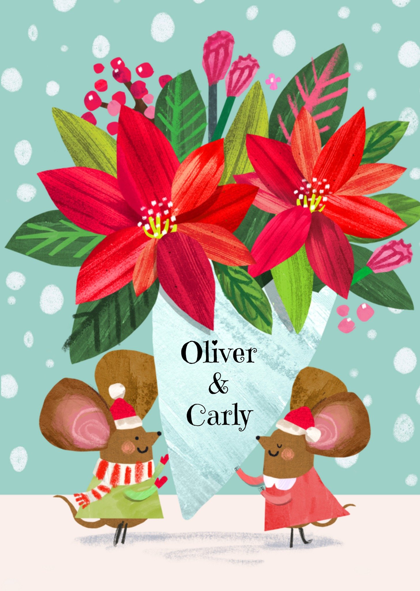 Moonpig Illustrated Mice And Bouquet Of Flowers Christmas Card