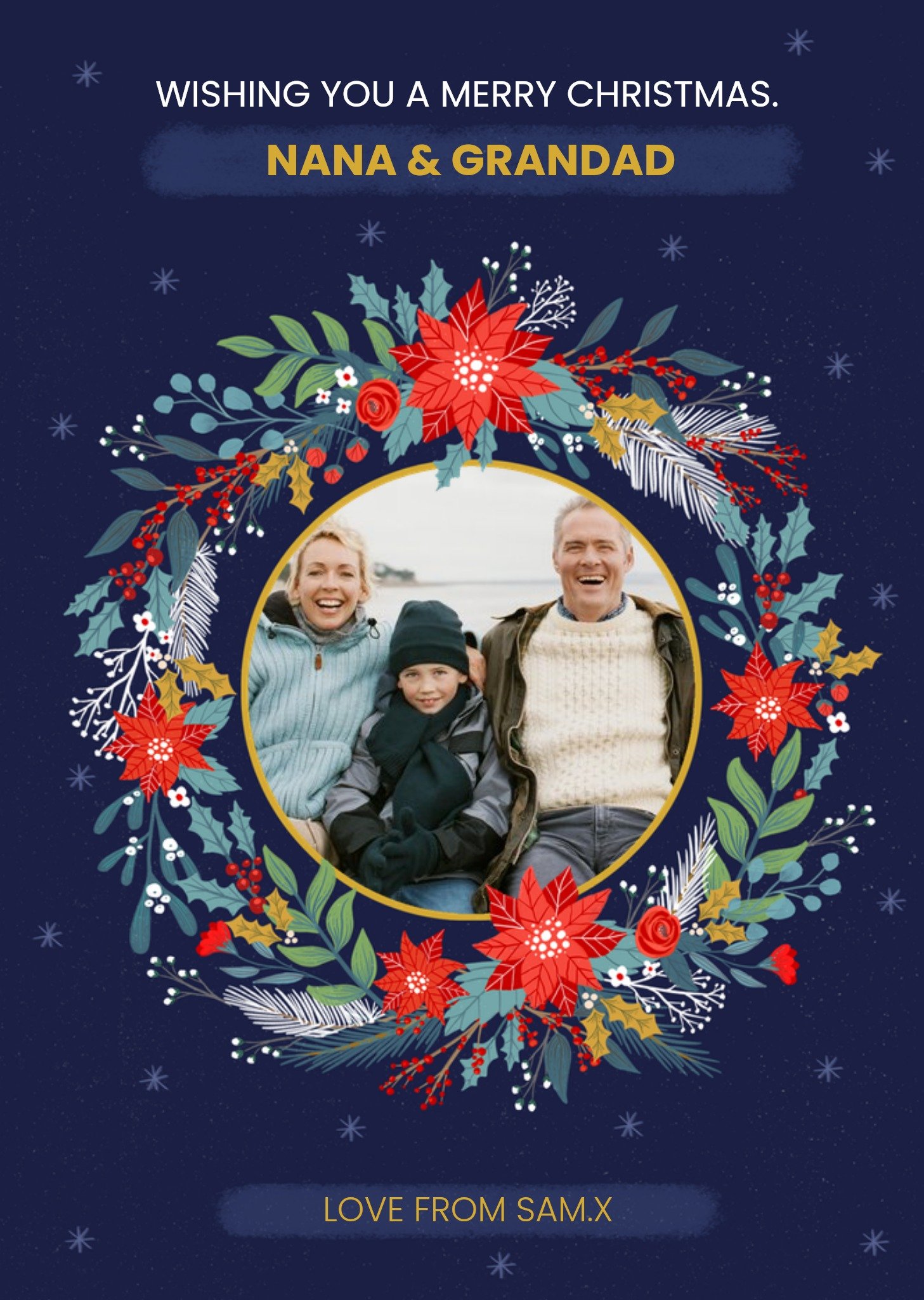 Moonpig Illustrated Nana & Grandad Photo Upload Wreath Christmas Card