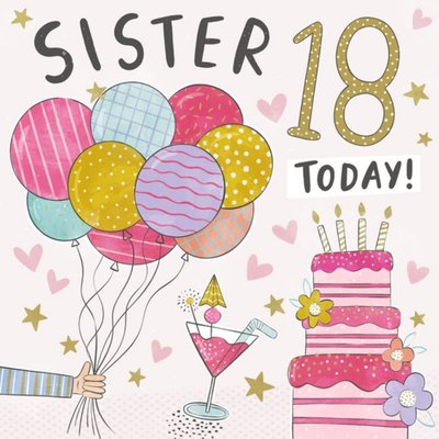 Fun Cute Illustration Sister 18 Today Birthday Card