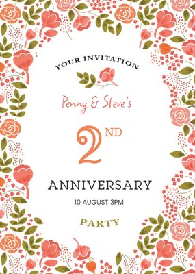 Coral Flowers Personalised 2Nd Anniversary Party Invitation