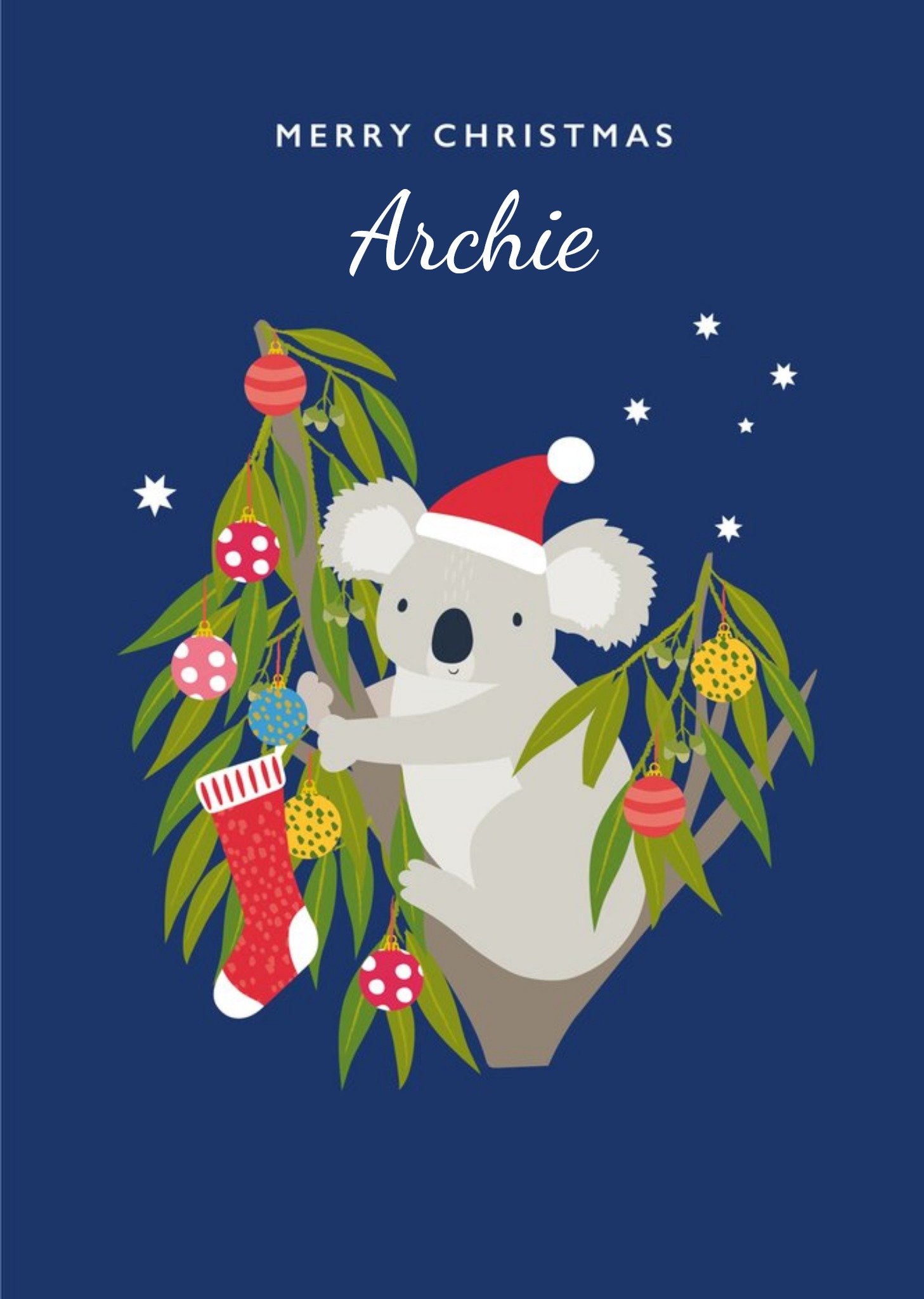 Moonpig Cute Illustration Of A Koala Perched In A Tree With Decorations Christmas Card