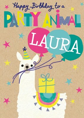 Vibrant Illustration Of A Llama With Balloons Surrounded By Stars Party Animal Birthday Card