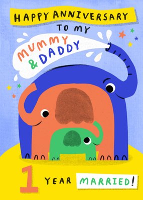 1 Year Married Mummy & Daddy Elephant Illustrated Anniversary Card