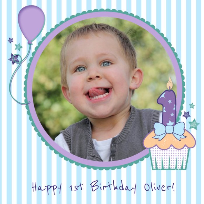 Blue Vertical Stripes Personalised Photo Upload Happy 1st Birthday Card