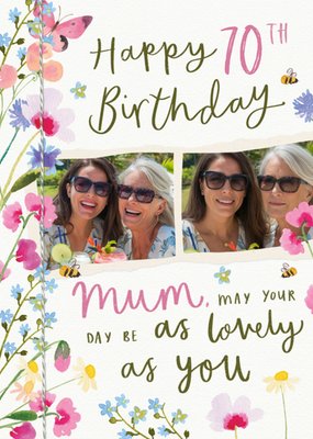 Mum Floral Illustrated Photo Upload 70th Birthday Card