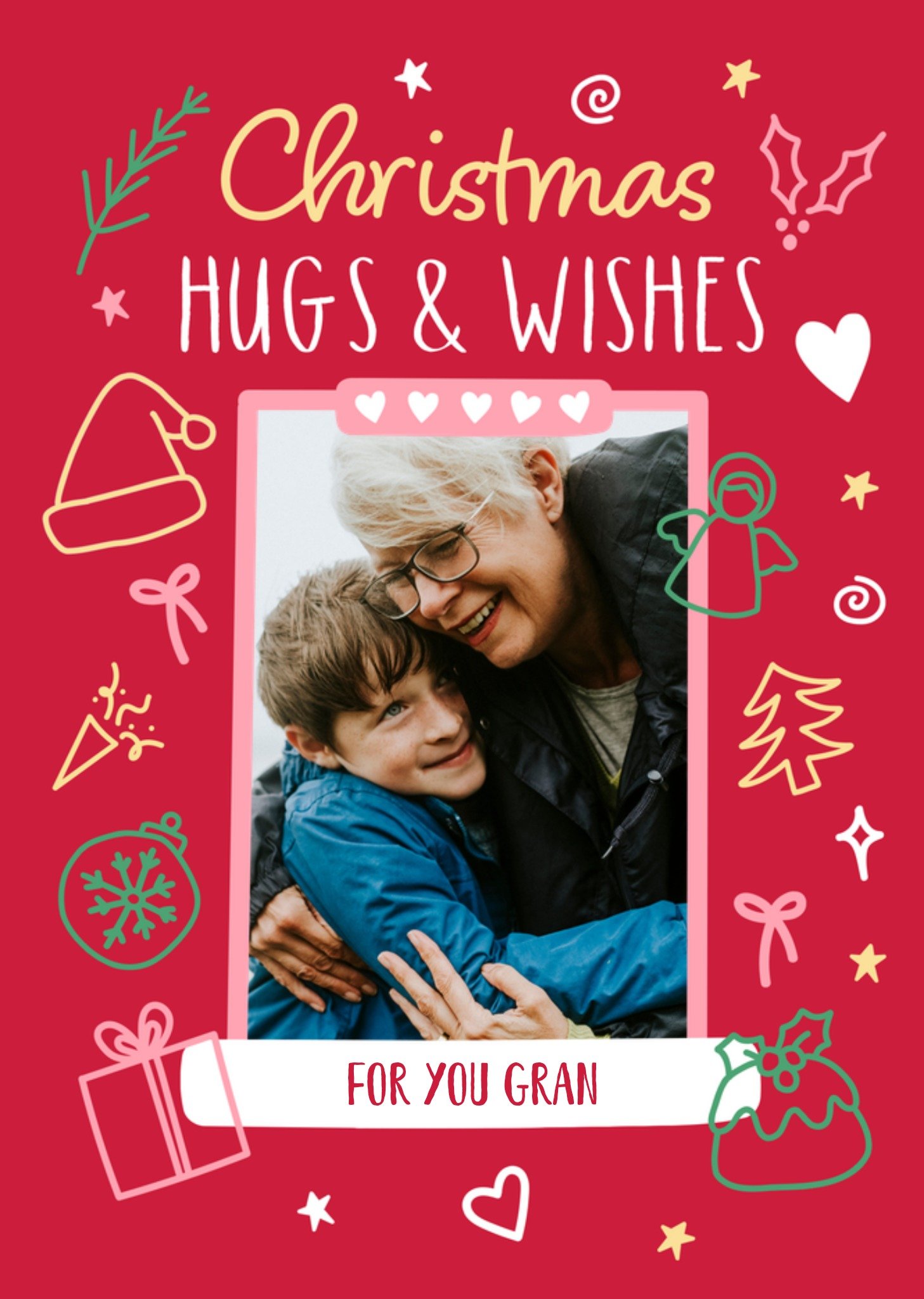 Moonpig Christmas Hugs & Wishes Festive Doodles Photo Upload Card