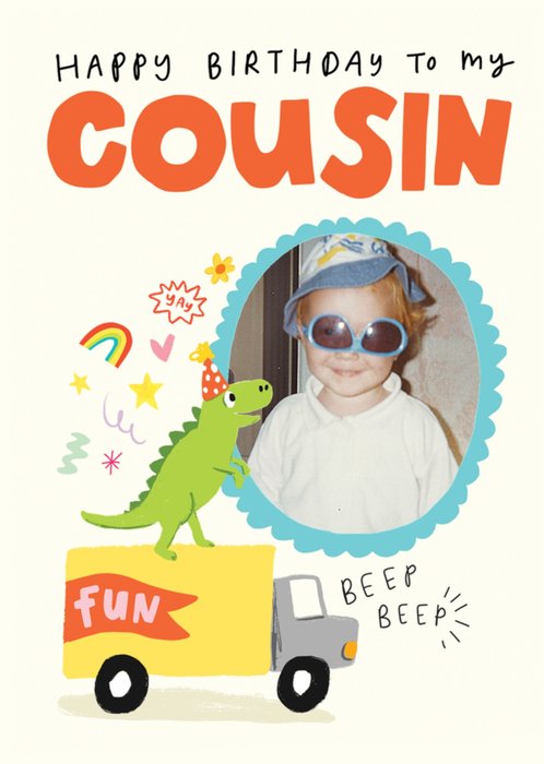 Happy Birthday To My Cousin Illustratrated Dinosaur Photo Upload Card