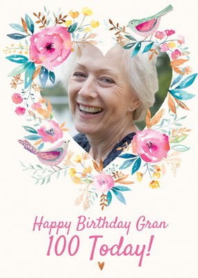 Traditional Flowers And Birds 100th Birthday Photo Upload Card For Gran