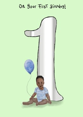 On Your First Birthday Illustrated Lady With Baby Boy With Balloon Birthday Card