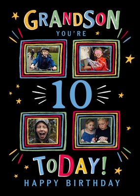 Tutti Frutti Grandson You're 10 Today Hand Drawn Colourful Frames Photo Upload Birthday Card