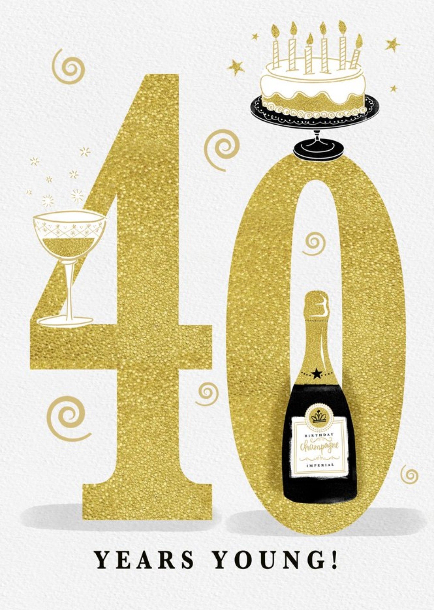 Moonpig Large Golden Number With Illustrations Of Cake And Wine 40th Birthday Card
