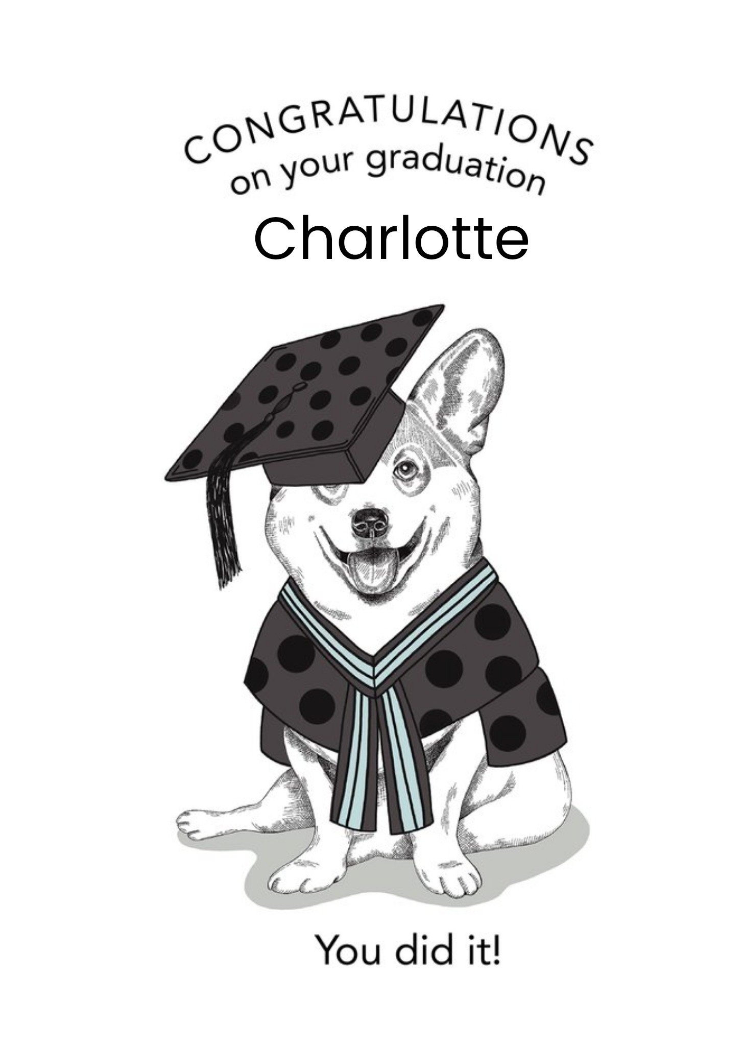 Moonpig Dotty Dog Art Illustrated Corgi Dog Graduation Card