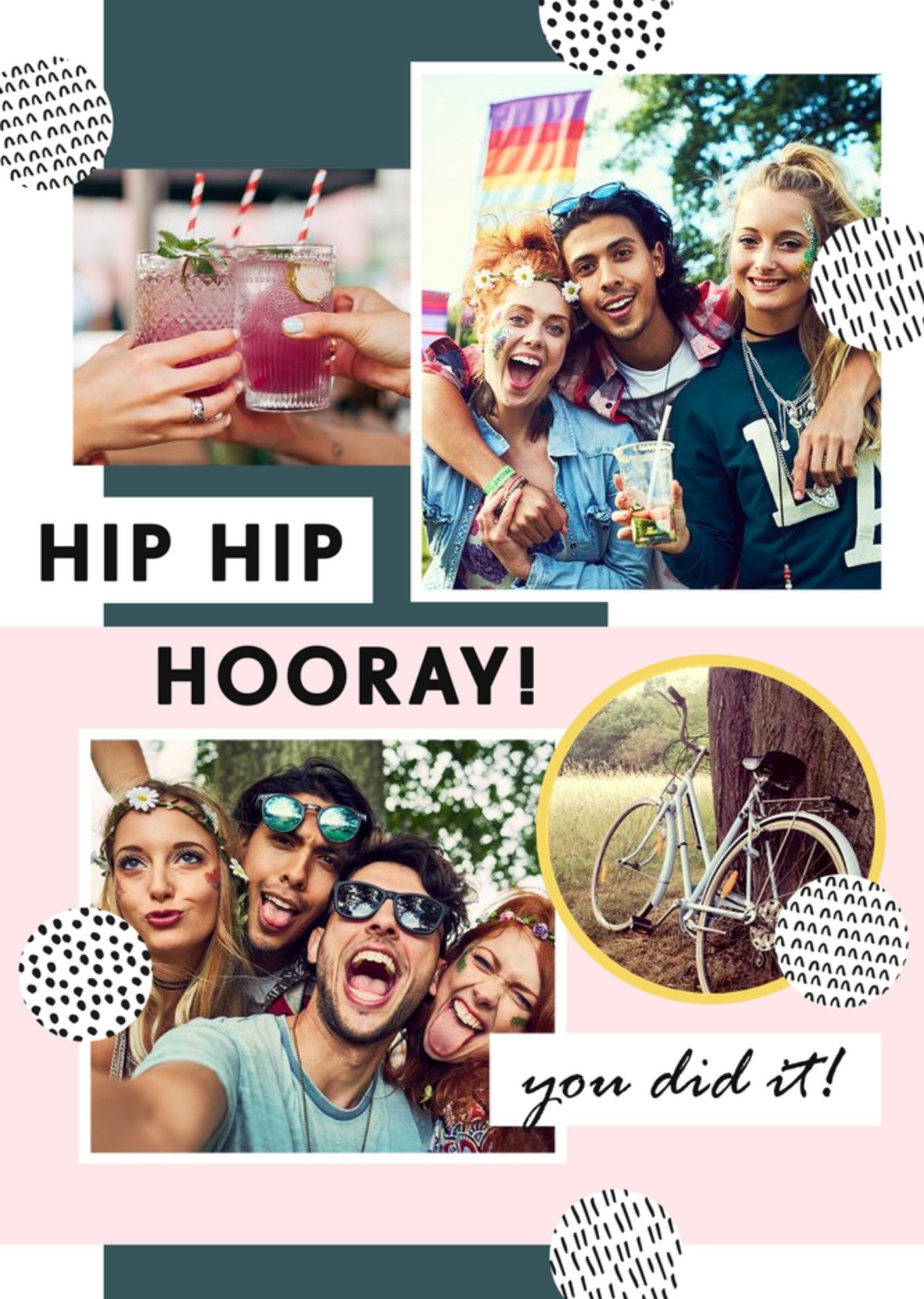 Moonpig Bright Graphic Four Photo Upload Hip Hip Hooray You Did It Congratulations Card