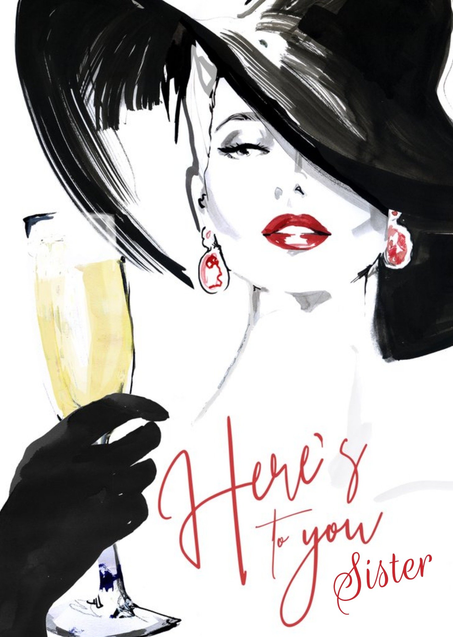Moonpig Champagne Prosecco Classy Here's To You Sister Fashion Illustration Birthday Card