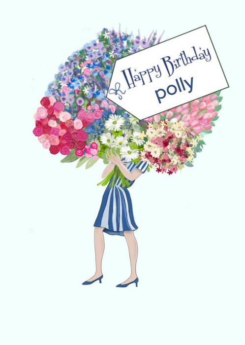 Illustrated Large Bunch Of Flowers With Personalised Label Birthday Card