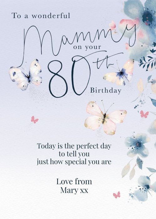 Clintons Mammy Purple Floral Butterfly 80th Birthday Card