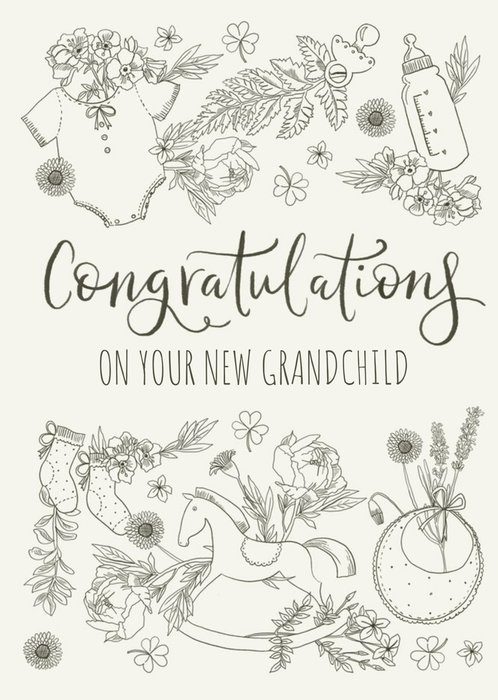 Baby Themed Illustrations Surrounded By Flowers New Grandchild Card