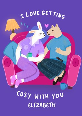 Joy And Justin I Love Getting Cosy With You Illustrated Rabbit And Bear Card