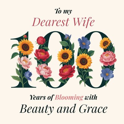 Vintage Floral Illustrated Dearest Wife 100th Birthday Card 