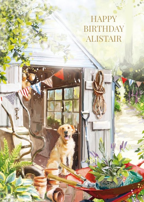 Golden Retriever In The Garden Personalised Birthday Card