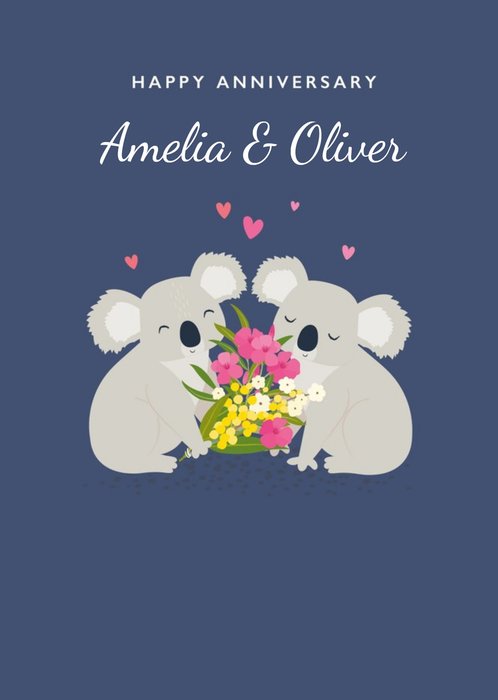 Cute Illustration Of A Pair Of Koalas With Flowers On A Blue Background Anniversary Card