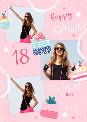 Pink Patterened Personalise Age Niece Photo Upload Birthday Card