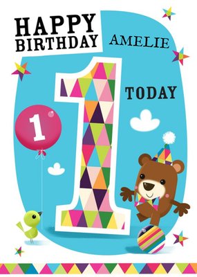 Little Balancing Bear Personalised Happy 1st Birthday Card