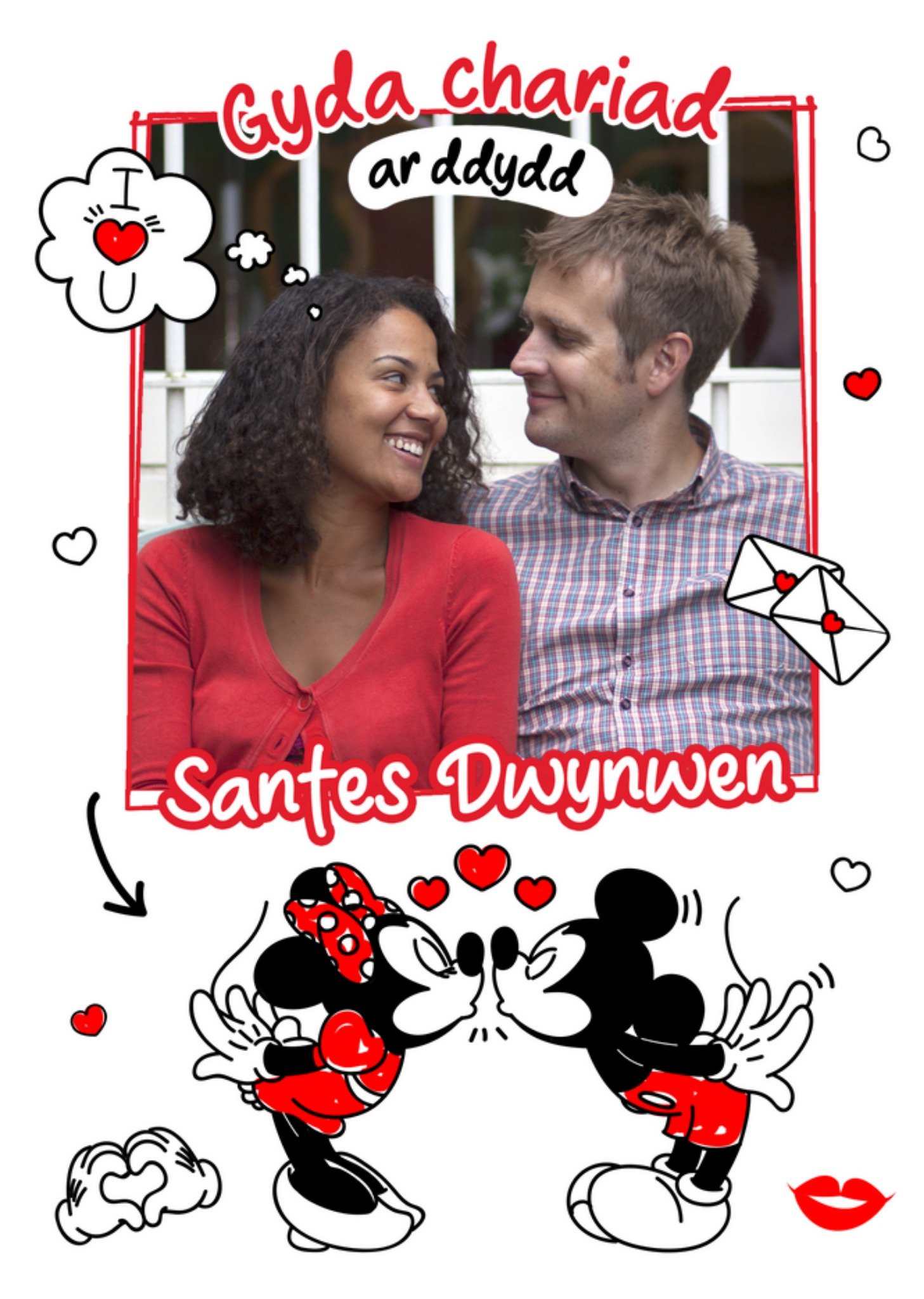 Mickey Mouse Disney Mickey And Minnie Mouse Kiss Photo Upload Welsh St Dwynwen's Day Card, Large