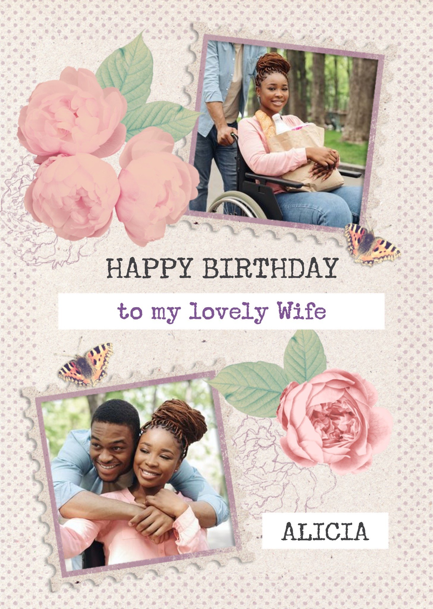 Moonpig Vintage Roses And Fluttering Butterflies Happy Birthday Wife Card