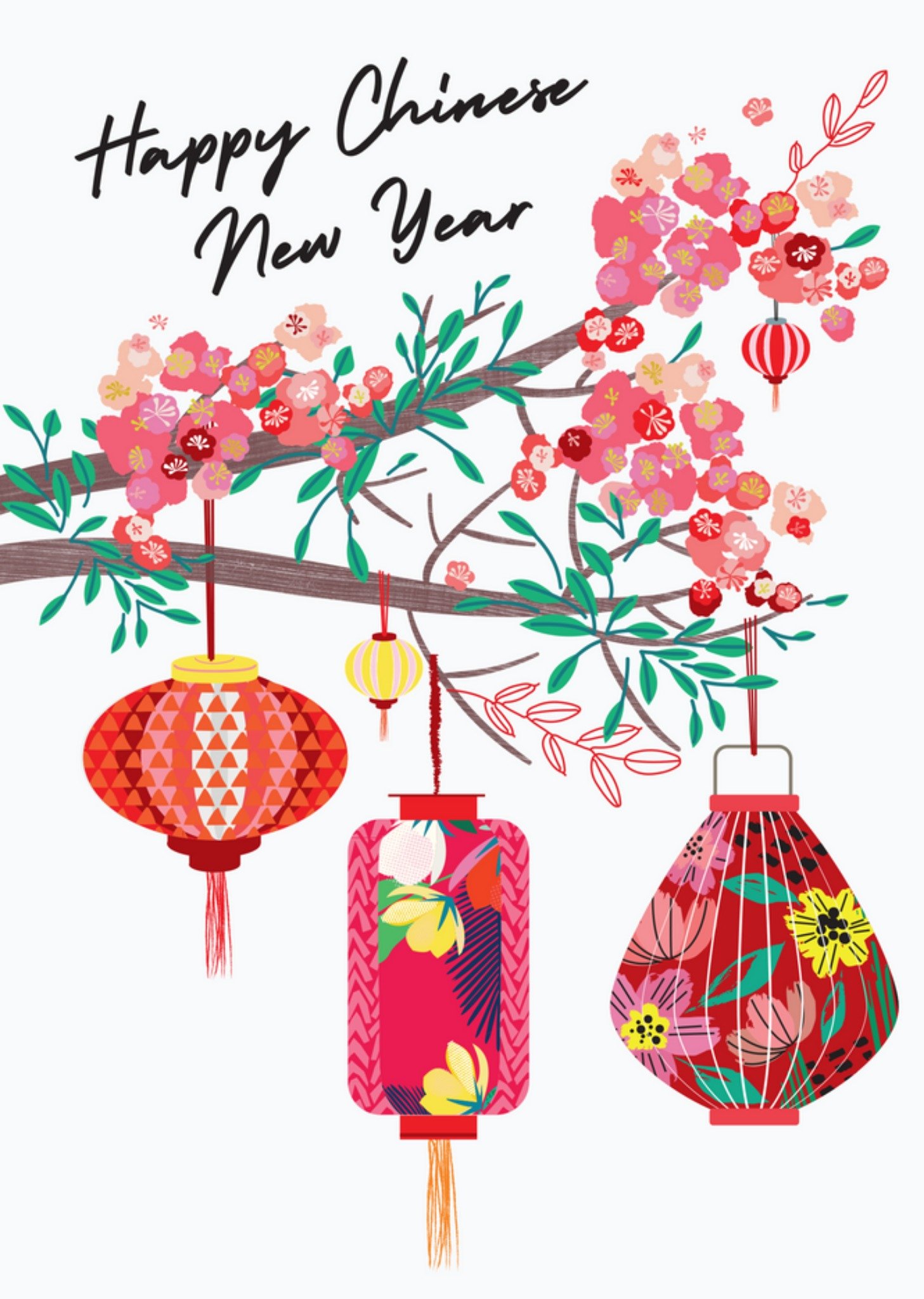 Moonpig Elegant And Graceful Illustrated Cherry Blossom Tree And Chinese Lanterns Happy Chinese New 