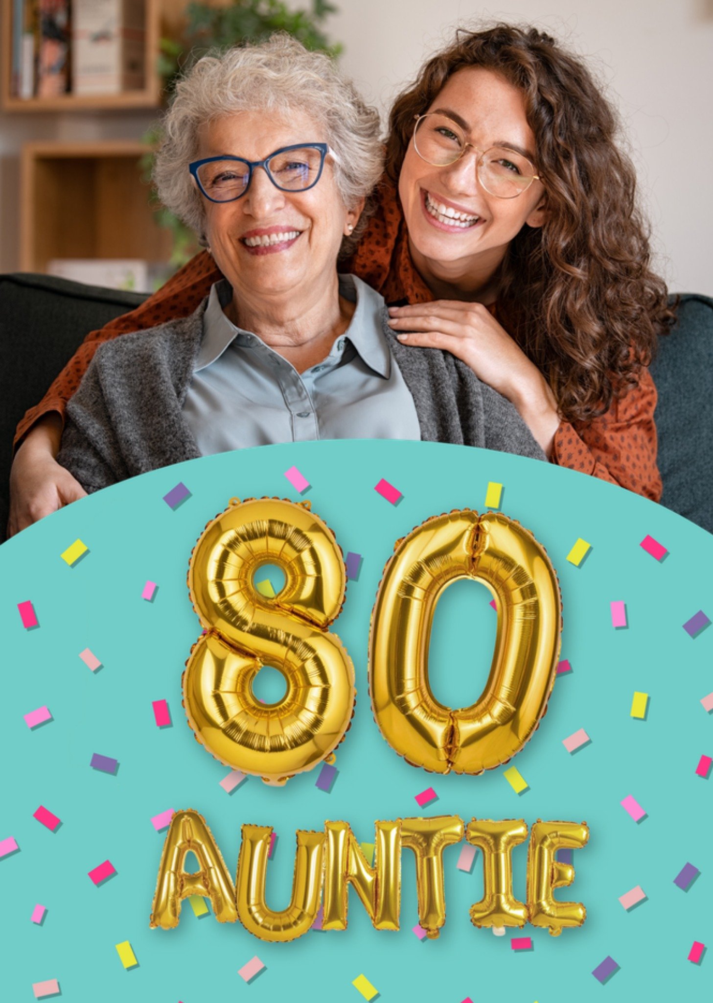 Moonpig Auntie Gold Balloons Photo Upload 80th Birthday Card