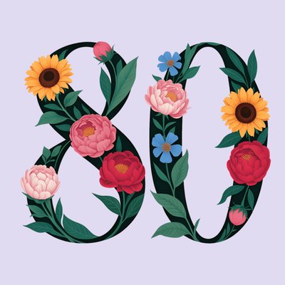 Vintage Floral Illustrated 80th Birthday Card 