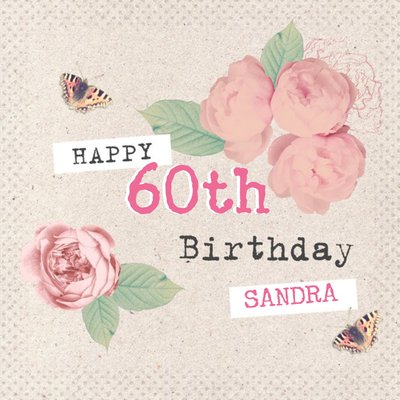 Cream And Pastel Pink Roses Personalised Happy 60th Birthday Card