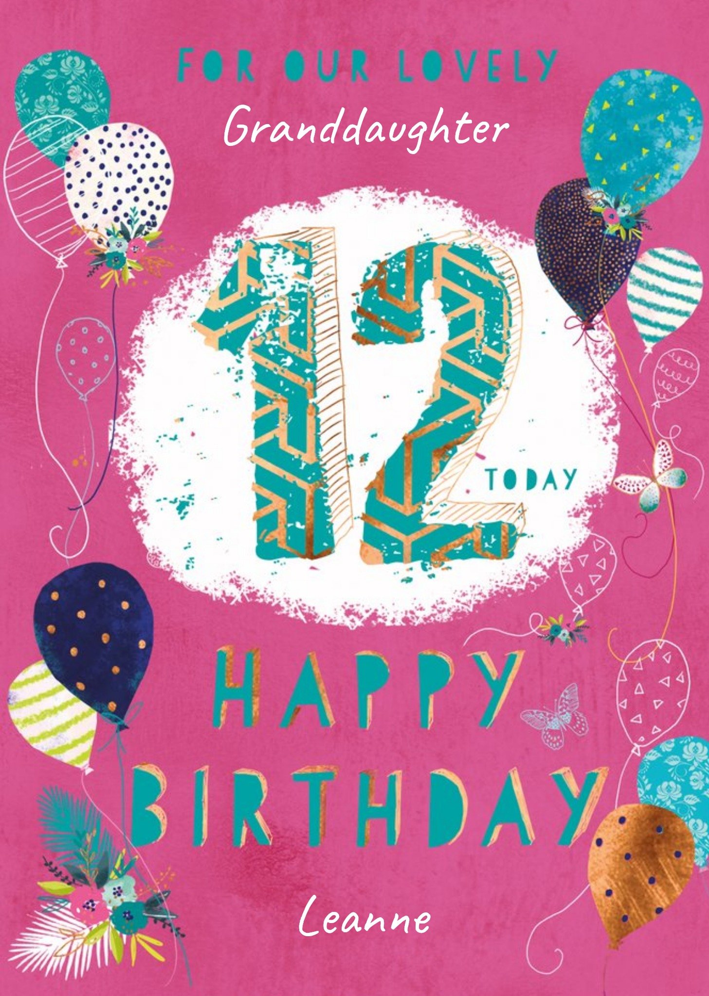Ling Design Illustrations Of Balloons Flowers And Butterflies Granddaughter's Twelfth Birthday Card