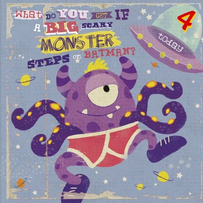 Monster In Underpants Funny Joke Personalised Happy 4th Birthday Card