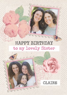 Roses And Butterflies Personalised Photo Upload Happy Birthday Card For Sister