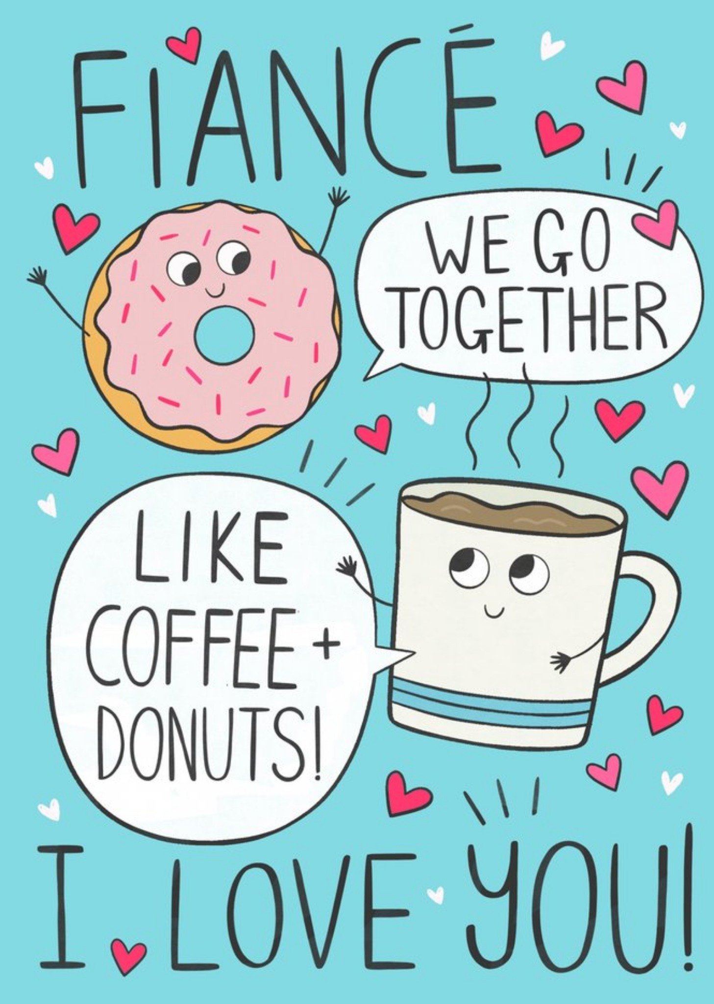 Moonpig Cartoon Illustration Of Donut And Cee Mug Characters FiancÃ©'s Anniversary Card