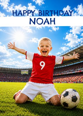 Celebrating Boy Football Player In Red Shirt Face Swap Birthday Card
