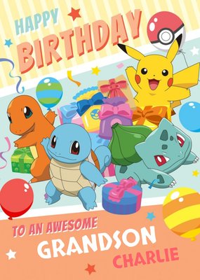 Pokemon Pikachu Bulbasaur Charmander Squirtle Awesome Grandson Birthday Card