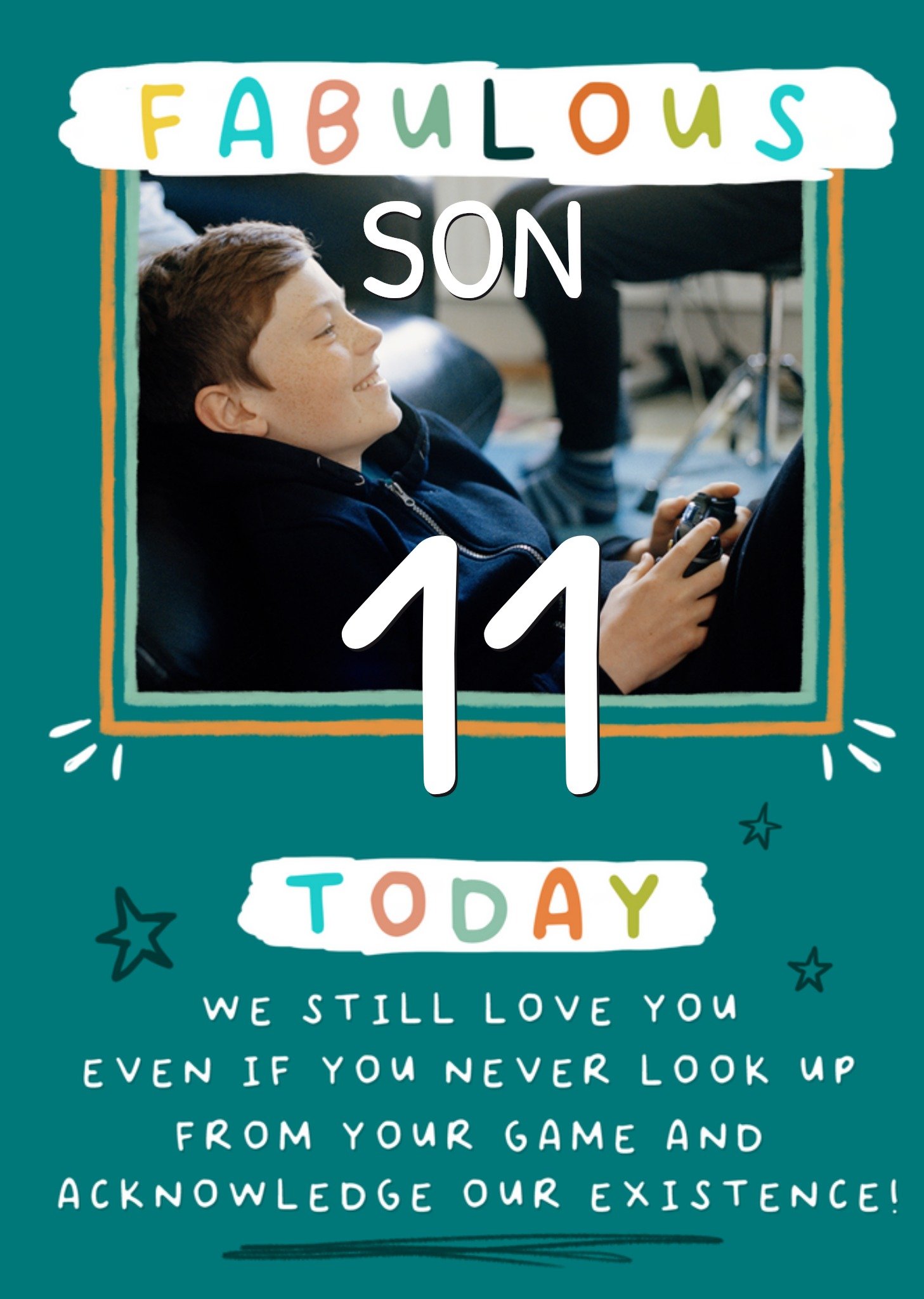 Moonpig Funny Gaming Verse Son 11 Today Photo Upload Birthday Card, Large