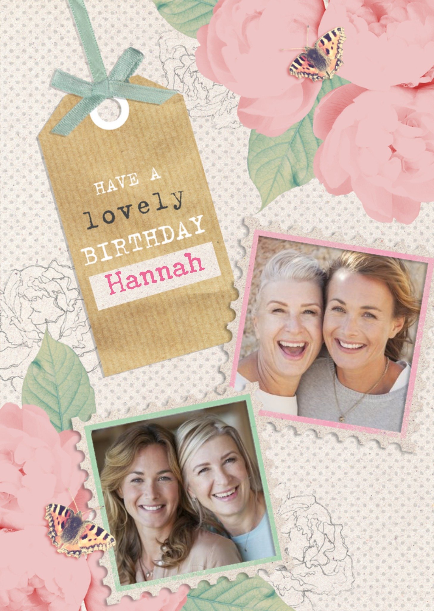 Moonpig Watercolour Pink Roses And Fluttering Butterflies Photo Birthday Card