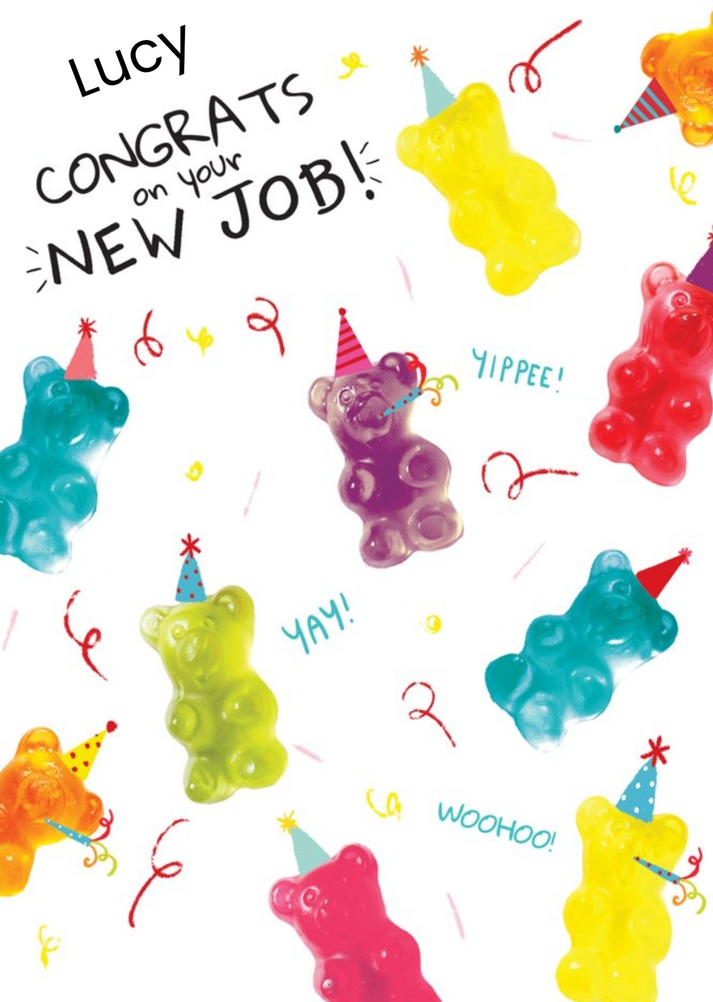 Moonpig Cololurful Gummy Bears On A White Background New Job Congratulations Card