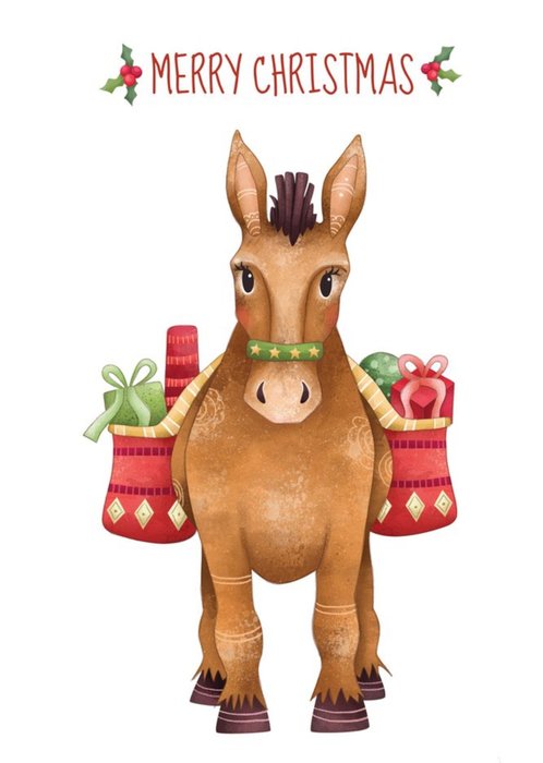 Illustration Of A Donkey Carrying Presents On A White Background Christmas Card