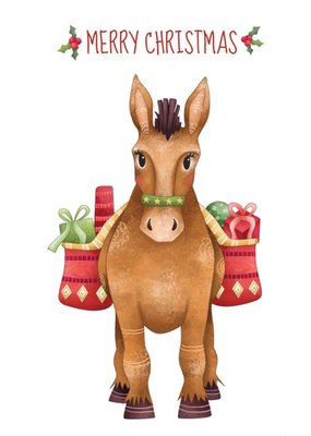 Illustration Of A Donkey Carrying Presents On A White Background Christmas Card